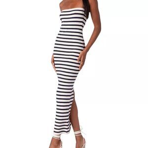 Edikted Stripe Strapless Rib Bodycon Sweater Dress in Black & White - Size Large